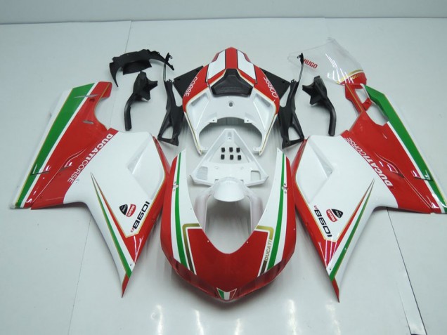 Carénage Moto Ducati 848 1098 1198 2007-2014 - Blanc et Rouge avec Vert Bande Carénage Moto Ducati 848 1098 1198 2007-2014 - Blanc et Rouge avec Vert Bande