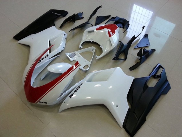Carénage Moto Ducati 848 1098 1198 2007-2014 - Noir Mat Blanc avec Rouge Bande Carénage Moto Ducati 848 1098 1198 2007-2014 - Noir Mat Blanc avec Rouge Bande