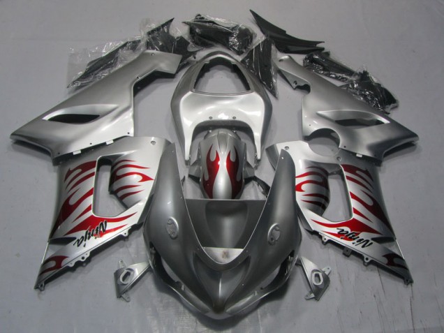 Carénage Moto ZX6R 2005-2006 - Argent Rouge Flamme Ninja Carénage Moto ZX6R 2005-2006 - Argent Rouge Flamme Ninja